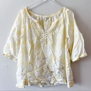 CAbi Yellow Floral Half Button V Neck Blouse